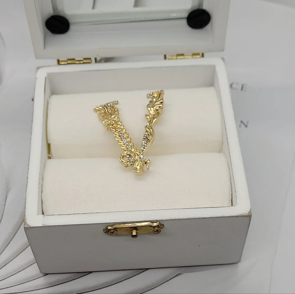 NWT Luxury V-Shaped White Crystals Embellished Gold Brooch